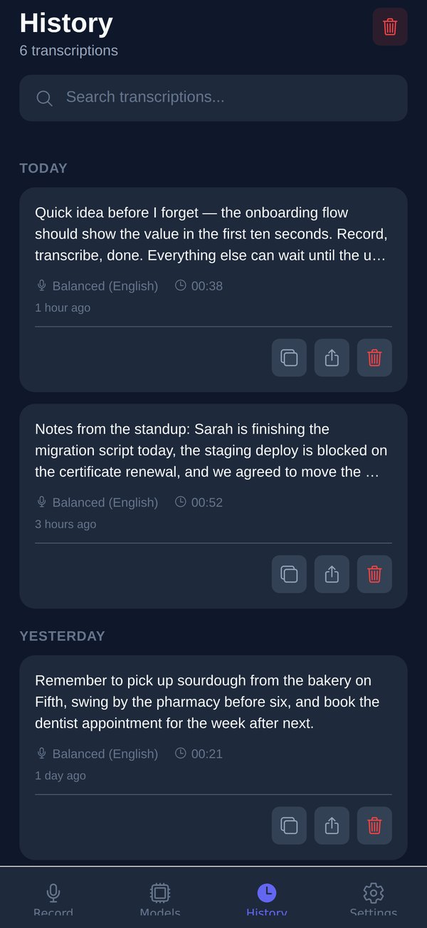 The History tab: six transcriptions grouped by Today and Yesterday, each with model, duration, and copy, share and delete buttons