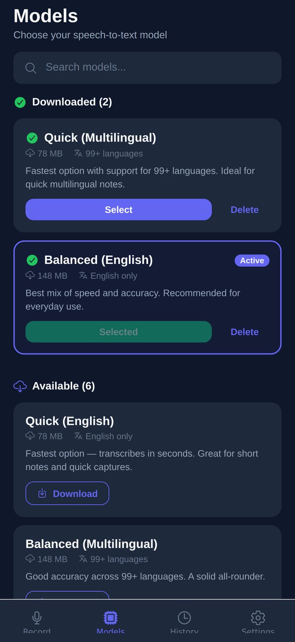The Models tab: Quick (Multilingual) and Balanced (English) downloaded, six more available, each with its size and languages