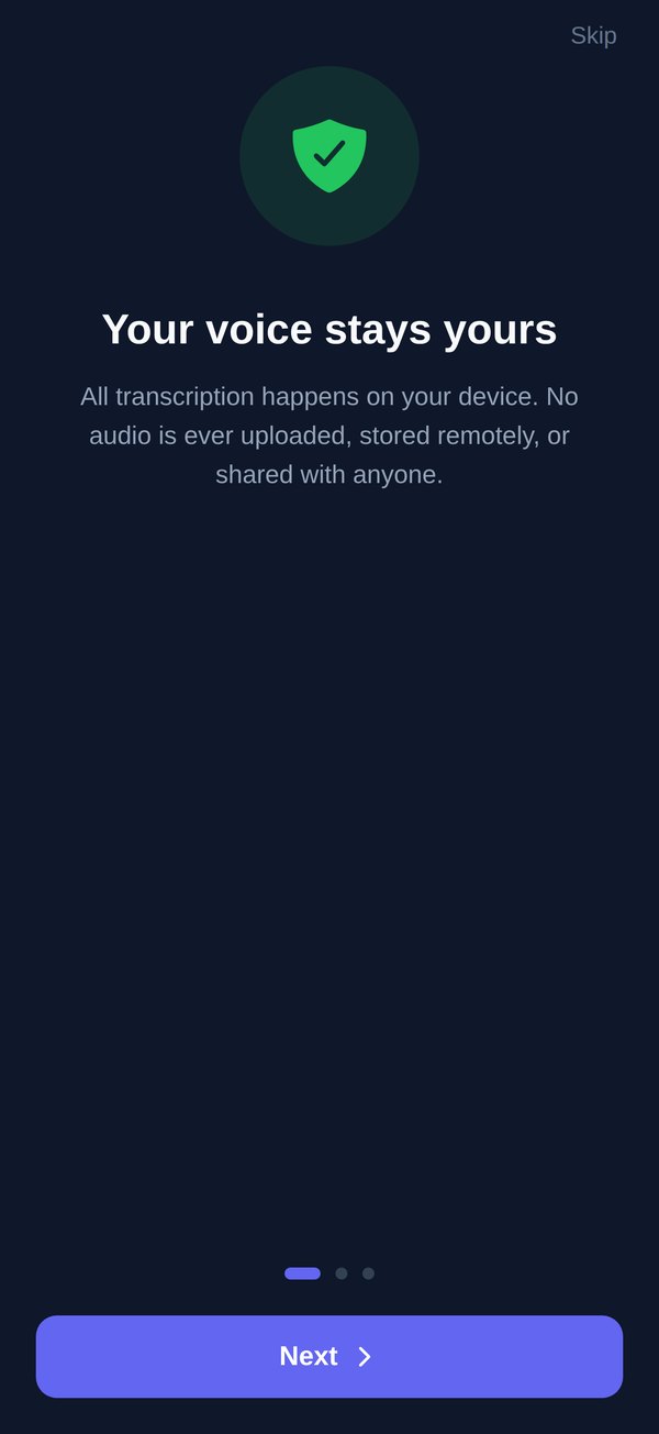 Onboarding: a green shield and the words 'Your voice stays yours — all transcription happens on your device'