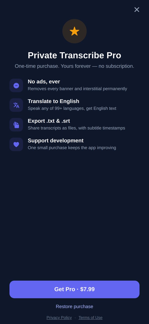 The Private Transcribe Pro screen: one-time purchase, no ads ever, translate to English, export .txt and .srt, and a Get Pro button