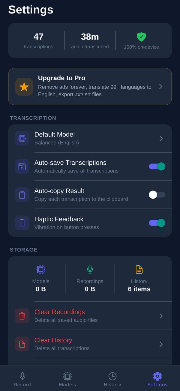The Settings tab: 47 transcriptions, 38 minutes transcribed, 100% on-device; default model, auto-save, auto-copy and haptics toggles; storage with Clear Recordings and Clear History